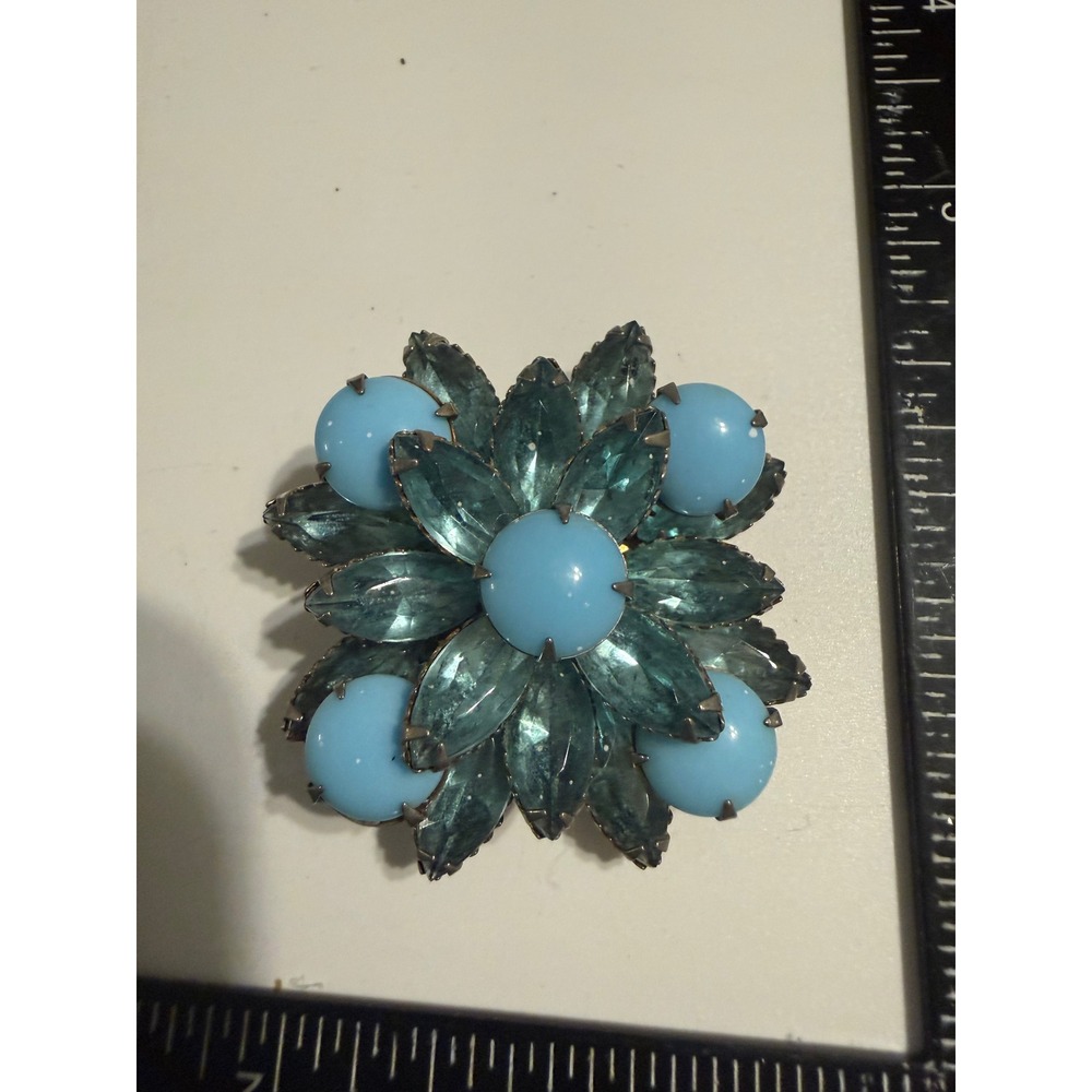 Vintage Blue Flower Brooch Teal Rhinestone Turquoise Cabochon Gold Tone Pin 2"